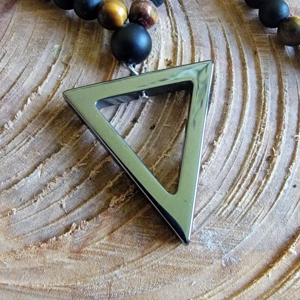 Black and Gold Hermatite and Lava Beaded Necklace with Triangle Pendant - Picture 2 of 7